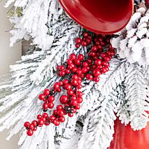 Glitzhome 30"H Flocked Red Bell & Berry Bow Teardrop