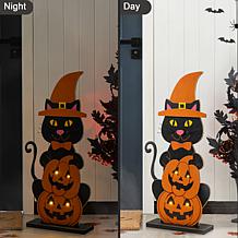 Glitzhome 30"H Halloween Wooden Lighted Witch Cat Porch Decor w/Timer