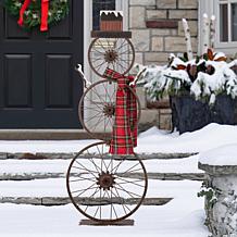 Glitzhome 34" Metal Bike Wheel Snowman with Plaid Scarf Porch Décor