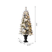 Glitzhome 5ft Poinsettia Flocked Pine Artificial Christmas Porch Tree