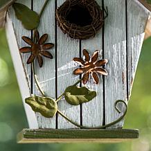 Glitzhome 8.75" Solid Wood Distressed Birdhouse with 3D Floral Accents