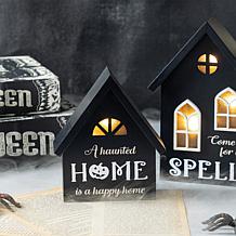 Glitzhome 8"H 2pc Lighted Halloween Wooden House-shaped Table Decor