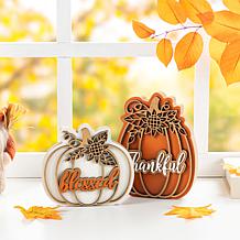 Glitzhome 8"H Thanksgiving Wooden Pumpkin Table Decor Set of 2