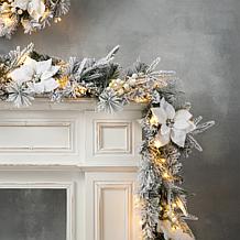 Glitzhome 9' Pre-Lit Snow Flocked Greenery Pine Poinsettia Garland