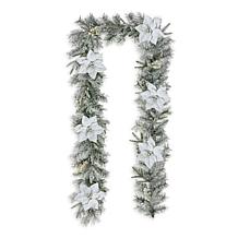 Glitzhome 9' Pre-Lit Snow Flocked Greenery Pine Poinsettia Garland