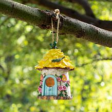 Glitzhome 9" Resin Birdhouse with Rope and Floral Design