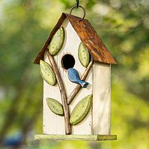 Glitzhome 9.75" Distressed Solid Wood Birdhouse with Leaves