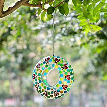 Glitzhome Glass Round Ladybugs Multi-Color Mosaic Birdfeeder