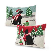 Glitzhome Set of 2 18in. L Hooked Christmas Cat and Dog Pillow