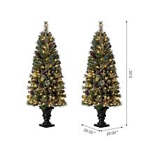 Glitzhome Set of 2 5ft Pre-Lit Flocked Artificial Christmas Porch Tree