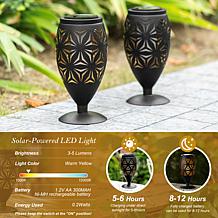 Glitzhome Set of 2 Black Metal Cutout Geometric Solar Outdoor Lantern
