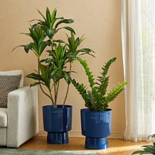 Glitzhome Set of 2 Cobalt Blue Faux Ceramic Urn Plastic Planters