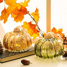 Glitzhome Set of 2 Green and Amber Crackle Glass Short Pumpkin