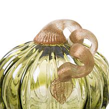 Glitzhome Set of 2 Green and Amber Crackle Glass Short Pumpkin