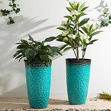 Glitzhome Set of 2 Honeycomb Textured Turquoise Tall Plastic Planters