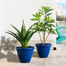 Glitzhome Set of 2 Round Cobalt Blue Faux Ceramic Pot Plastic Planter