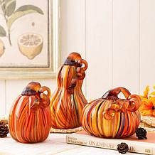 Glitzhome Set of 3 Multi Striped Glass Pumpkin and Gourd
