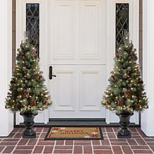 Glitzhome Set of Two 4ft Flocked Christmas Tree With 100 Warm White