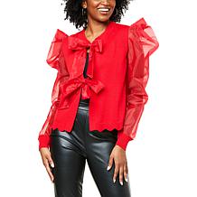H Halston Studio Sheer-Sleeve Tie-Front Sweater