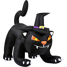 Haunted Hill Farm 6' Wide Pre-Lit Inflatable Black Cat w/Witch Hat
