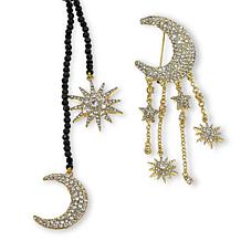 Heidi Daus Moon & Star Crystal Pin and Lariat Necklace Set