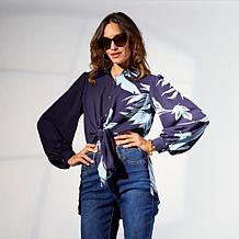 IMAN Global Chic Half-Printed Button-Front Blouse