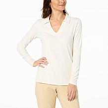 IMAN Global Chic Ribbed Knit V-Neck Pullover Shirt with Collar