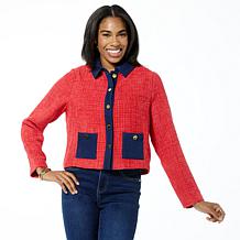 IMAN Global Chic Tweed Jacket with Denim Trim