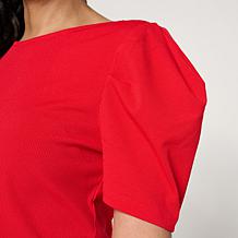 Jaclyn Smith Fine Ribbed Knit Pleated Puff-Sleeve Tee