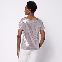 Jaclyn Smith Metallic Knit Cap Sleeve Cowl Neck Top