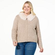 Jaclyn Smith Zipper-Front Sweater Jacket w/ Detachable Faux Fur Collar