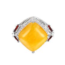 Jade of Yesteryear Sterling Silver Yellow Jade, Garnet and CZ Ring