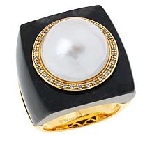 Kwan Collections Gold-Plated Mabé Pearl, Black Jade and Zircon Ring