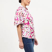 La Joie Flutter-Sleeve Button Front Printed Blouse