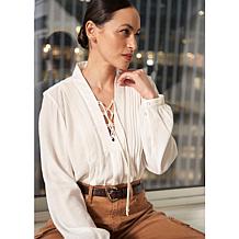 La Joie Micro Crepe Lace-Up Pleated Blouse