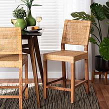 Lesia Mahogany Wood and Rattan Counter Stool