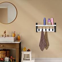 Matte Black Floating Wall Shelf with 5 Hooks 15.75"W