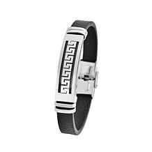 Men's Black Leather Bracelet with Stainless Steel Greek Key Design