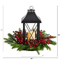 Nearly Natural 16" Holiday Berries, Greenery with Lantern & LED Candle