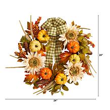 Nearly Natural 24” Fall Pumpkin, Sunflower   Wreath with Décor Ribbon