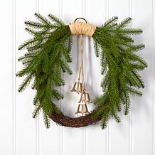 Nearly Natural 24” Holiday Christmas Pine and Hanging Bells Wreath