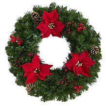 Nearly Natural 24” Poinsettia, Berry and Pinecone Wreath w/ 50 Lights