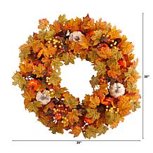 Nearly Natural 30 in. Autumn Pumpkin and Maple Leaf Fall Wreath