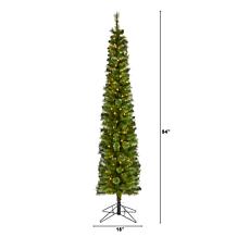 Nearly Natural 7' Green Pencil Christmas Tree with 150 LED Lights