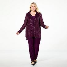 Nina Leonard 3-piece Sequined Button-Front Top, Tank and Pant Set