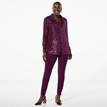Nina Leonard 3-piece Sequined Button-Front Top, Tank and Pant Set