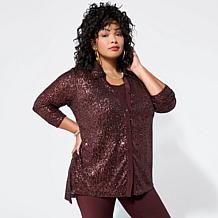 Nina Leonard 3-piece Sequined Button-Front Top, Tank and Pant Set