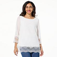 Nina Leonard 3/4 Sleeve Lace Trimmed Chiffon Tunic