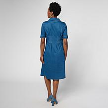 Nina Leonard Collared Button-Front Denim Knit Elbow Sleeve Shirt Dress
