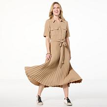 Nina Leonard Collared Shirt Dress with Pleated Skirt